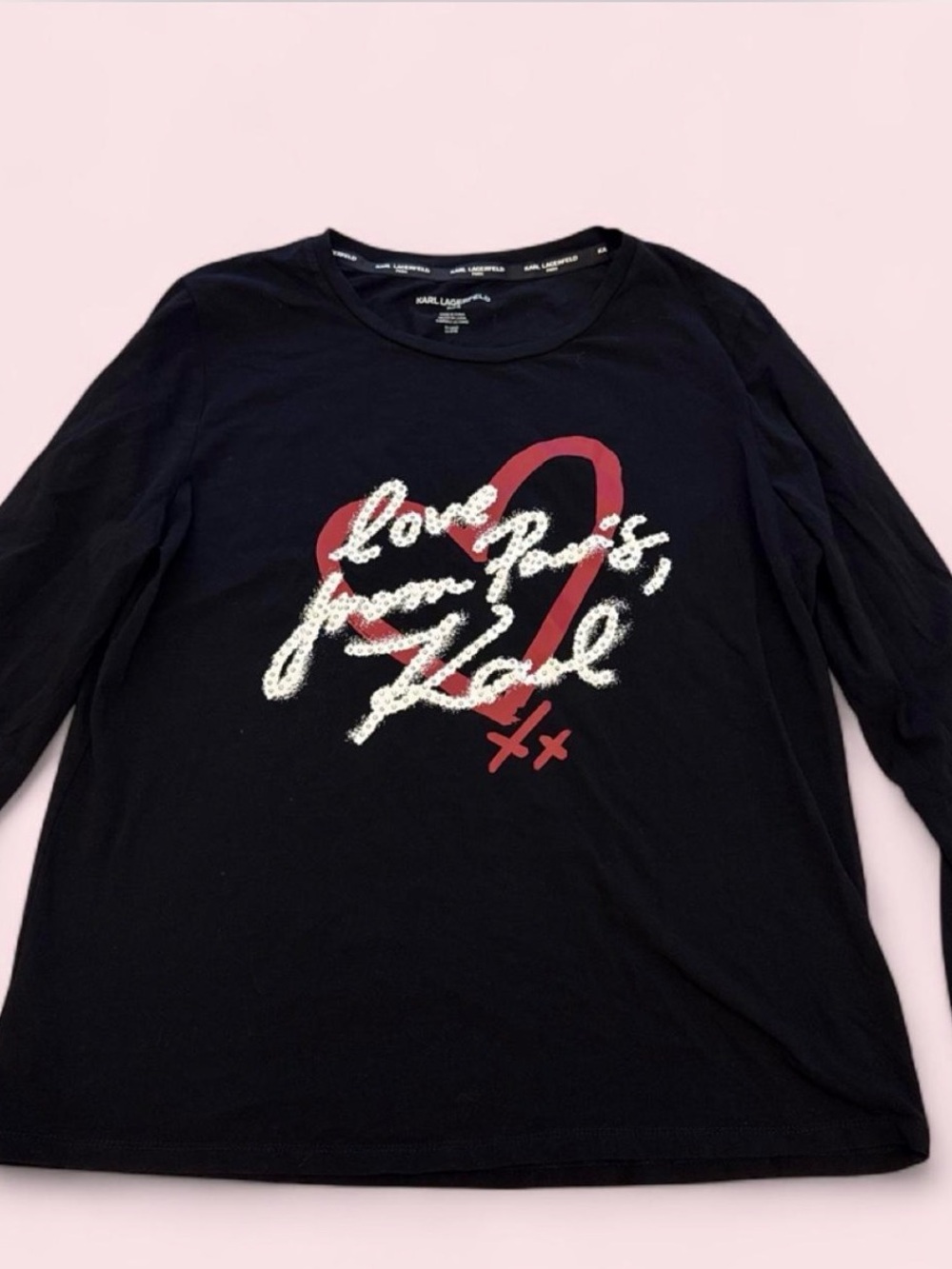Karl Lagerfeld Black Long-Sleeve Tee with Red Heart & White Script